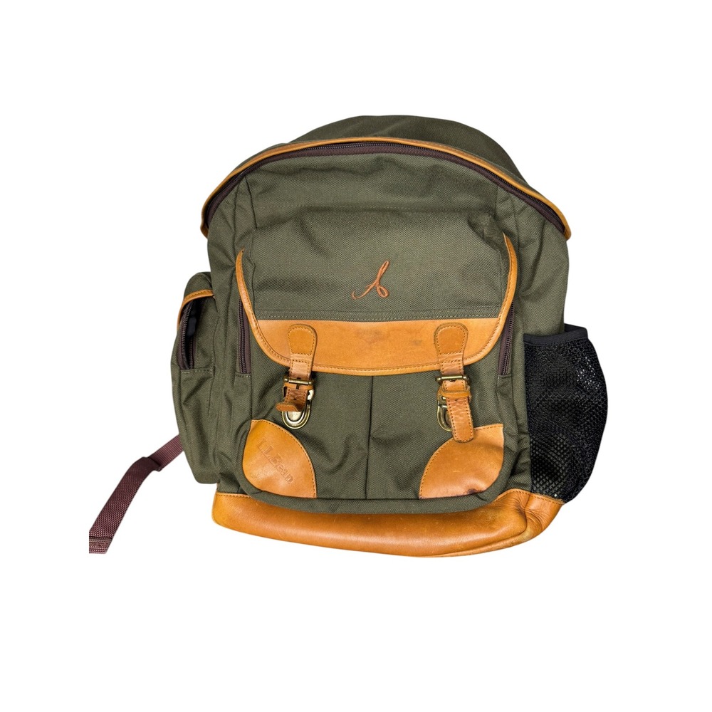 LL Bean Rucksack Backpack Olive Green Nylon Leather Trim Laptop Sleeve 251331